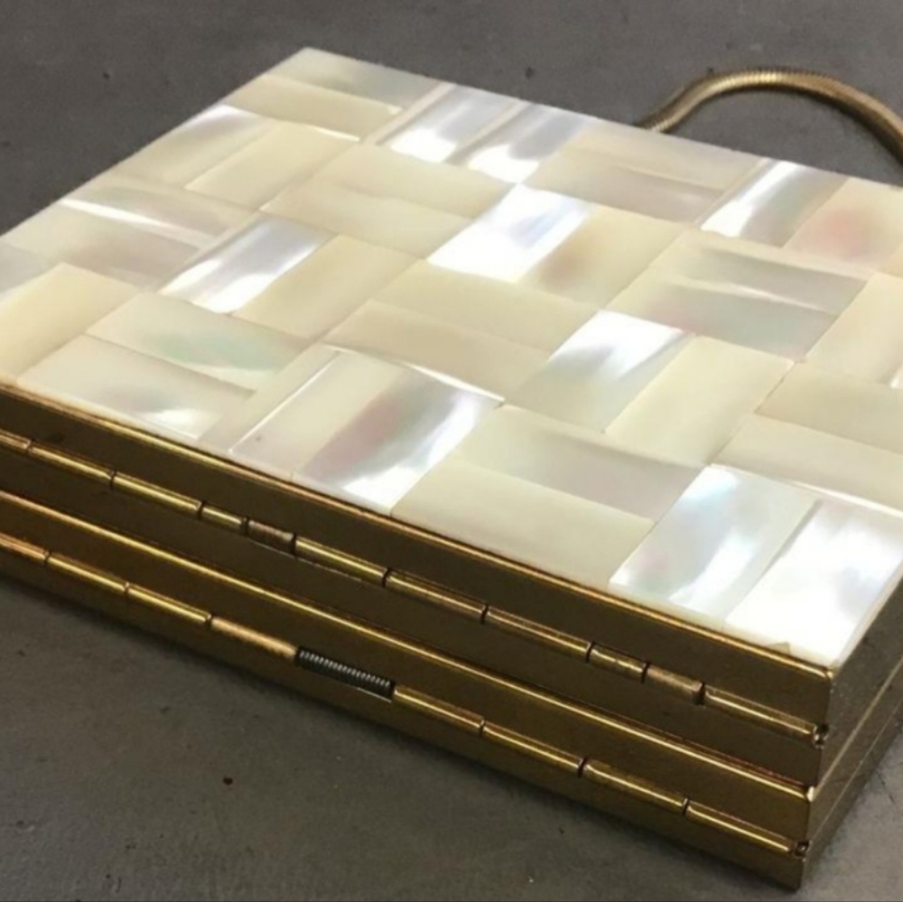 ONE OF A KIND ANTIQUE. Mother of Pearl Minaudiere, Antique 1950s Evening Bag